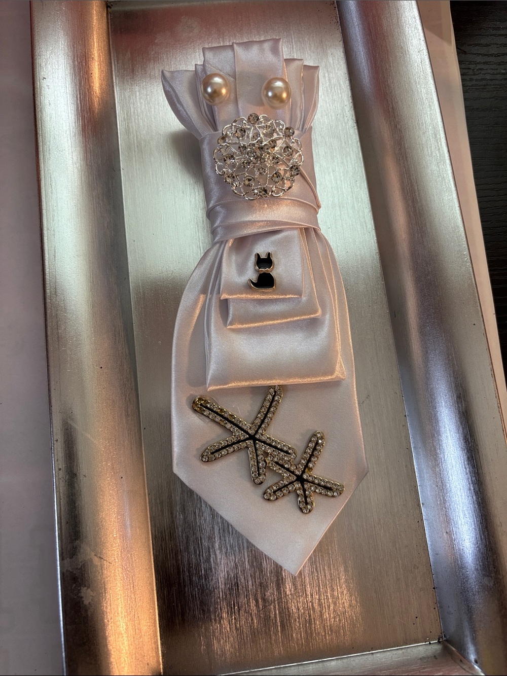 Satin women necktie with Pearl & Crystal Accents - White